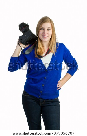 An attractive blond woman with a camera