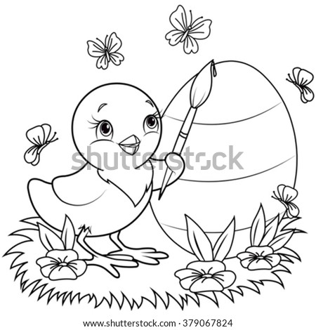 Color page of an Easter Chicken is painting an egg


