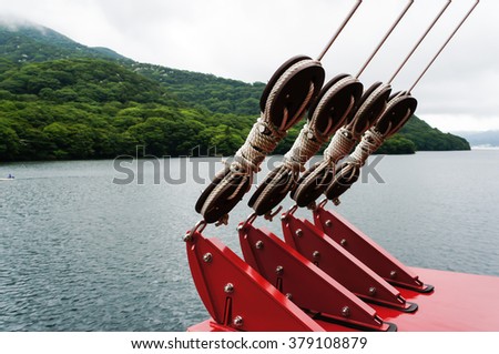 close up Sail ship ropes on tourist cruise in japan
