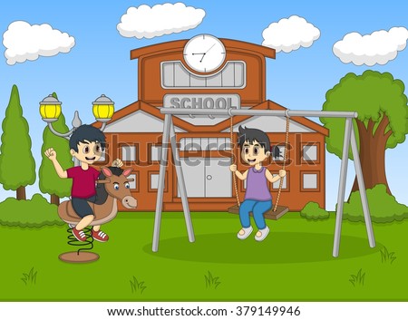 Children playing rocking horse and swinging at school