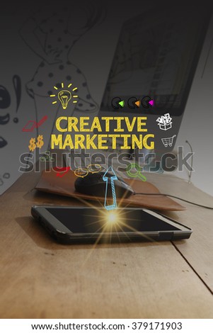 CREATIVE MARKETING  over a smartphone on dark blue background , business concept , business idea
