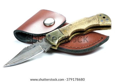 handmade damascus pocketknife isolated on white background