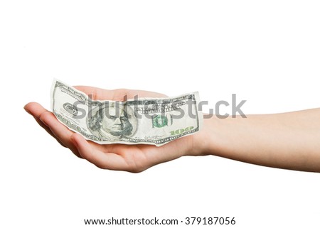 Hands holding money dollars isolated on white background.Beggar hand with $ 100 on a white background. Alpha. 