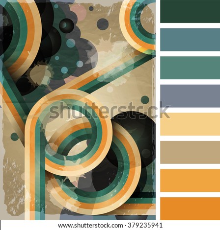 Retro poster template with bubbles, circles, lines and paint splashes. 1960s, 70s style grunge background. In a colour palette with complimentary colour swatches. EPS10 vector format
