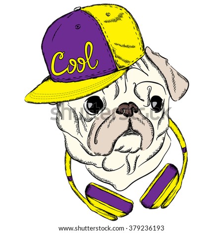 Cool Pug with a cap and headphones. Dog vector. Print on clothes or a postcard. Hipster.
