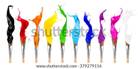 colorful color splashes paintbrush row isolated on white background Royalty-Free Stock Photo #379279156