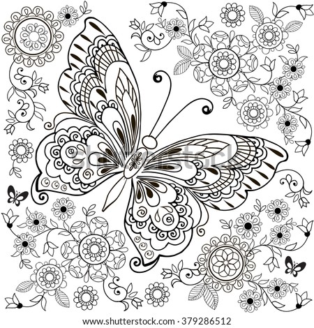 Decorative butterfly with floral ornament for anti Stresa Coloring.