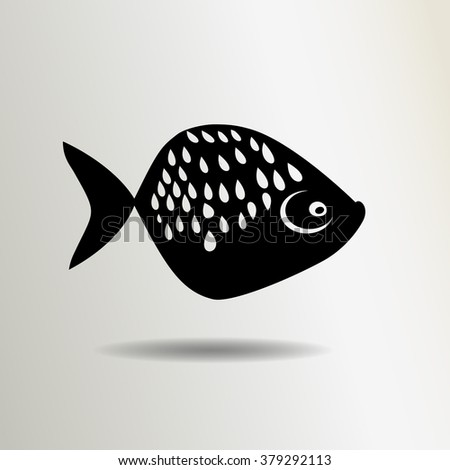 Fish stylized abstract icon. Cartoon food symbol. Funny fish. Black sign with shadow on gray background. Vector isolated.