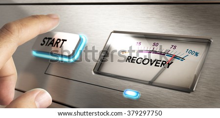 Finger about to press a start button with a dial where it is written the word recovery. Concept image for illustration of crisis or disaster recovery plan. Royalty-Free Stock Photo #379297750