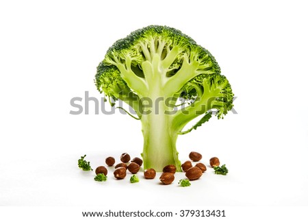 Cross-section of green broccoli with brown nuts on a white background
