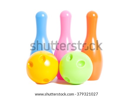 Bowling balls and bowling pins isolated on white background