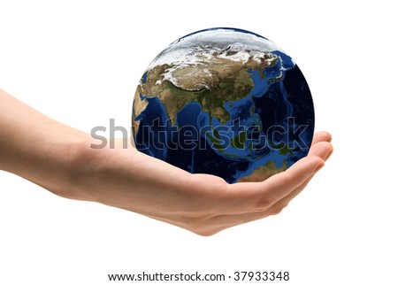 Human hand holding the world in hands Map data source - nasa web site
