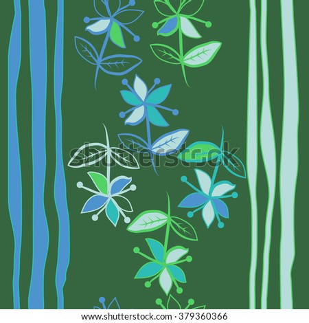 Vertical decorative motif, doodles,spots, hole,branches, flowers, leaves, stripes,  seamless. Hand drawn.