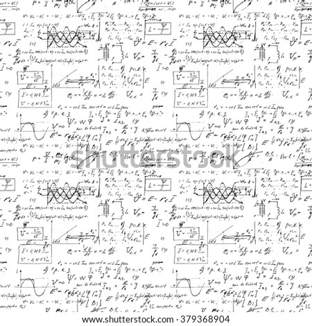 Seamless endless pattern background with handwritten mathematical formulas, math relationship or rules expressed in symbols, various operations such as addition, subtraction, multiplication, division