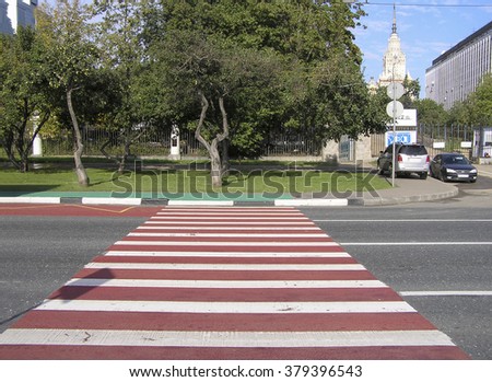 Red and white strips of pedestrian crossing on the roadway of the asphalt road. Zebra near the bus stop on a Sunny day. Marking the road to indicate the crossing point where there is no traffic signal