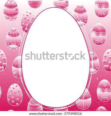 Easter frame. Big egg shape on the small ornamented eggs background.Happy pink color.
