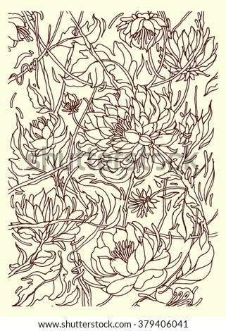 Floral pattern with Peony. Hand drawn flower pattern Vector illustration.