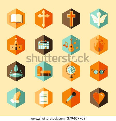 Christian icons on geometric hexagon shapes with various religious shapes and symbols