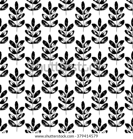 Botanical seamless pattern. Vector repeat background for scrapbook, wrapping paper, book cover, product package, wallpaper, fabric. Black and white minimalist design. Watercolor leaves illustration.