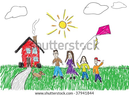 A childish drawing of a family standing in front of their home.  This vector illustration is fully editable.