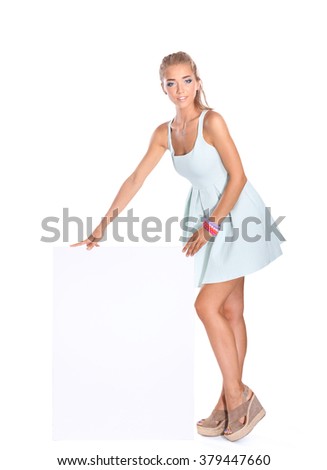 Young woman with blank board banner, isolated on white background
