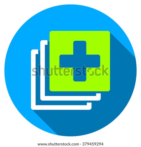 Medical Documents long shadow icon. Style is a light flat symbol with rounded angles on a blue round button.