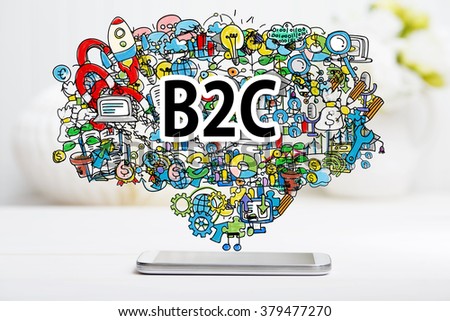 B2C concept with smartphone on white table