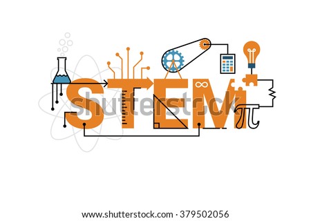 Illustration of STEM education word typography design in orange theme with icon ornament elements Royalty-Free Stock Photo #379502056