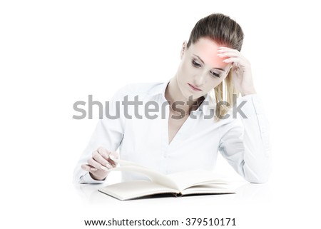 Picture of businesswoman with documents having headache over white background