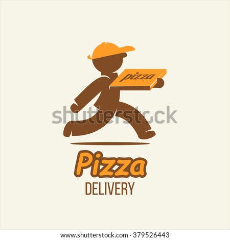 Delivery. Pizza delivery. Vector logo, sign. A man with a box of pizza.