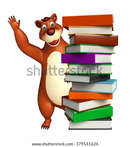 3d rendered illustration of Bear cartoon character with book stack