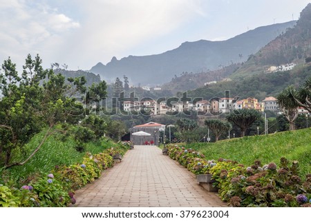 A path to the small village lined with hydrangea flowers, leading to small coffee stall, with houses on the hill and mountains on the background. Sao Vicente, north coast of Madeira island, Portugal.