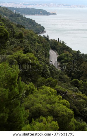 Splendid sight of italian serpentine asphalt road on hill between beautiful green tree foliage and coast of mediterranean sea and blue sky outdoor, vertical picture