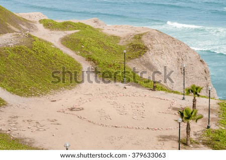 Lima, Peru. Coast line from Miraflores with heart symbol. South Pacific Ocean in Background