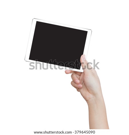female hand holding digital tablet similar to ipad air isolated clipping patch easy add image inside image data