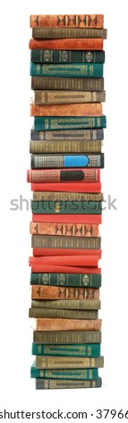 Old book pile isolated on white background