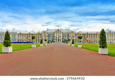 The Catherine Palace, located in the town of Tsarskoye Selo (Pushkin), St. Petersburg, Russia Royalty-Free Stock Photo #379664932