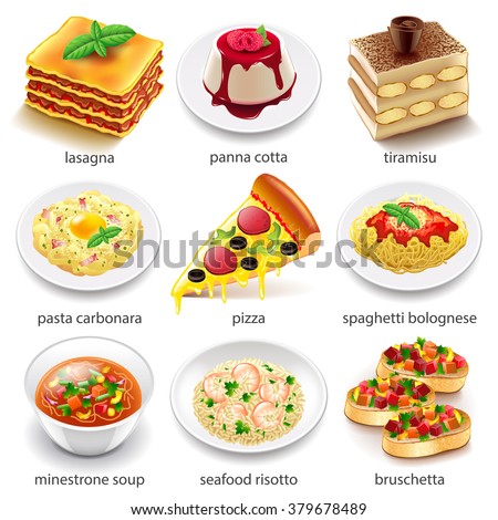 Italian food icons detailed photo realistic vector set