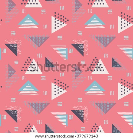 The seamless colorful pattern with geometric shapes. Triangles, crosses, circles. Hand drawn overlapping background for your design. Textile, blog decoration, banner, poster, wrapping paper.