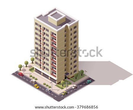 Vector isometric icon or infographic elements representing low poly town apartment building with street  and cars for city map creation Royalty-Free Stock Photo #379686856