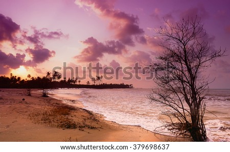  Purple Sunrise with wave at Sabak Beach Kelantan taken with Slow Shutter. Soft Focus Motion Blur due to Slow Shutter Speed. Copy Space Area