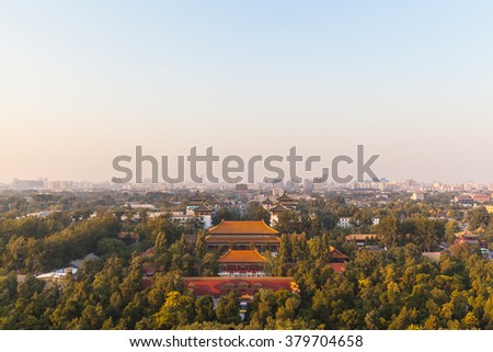 Aerial view of Peking from top of Jingshan Hill at dusk, Beijing, China