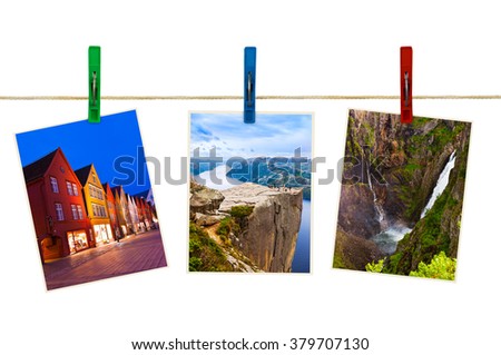Norway travel photography on clothespins isolated on white background