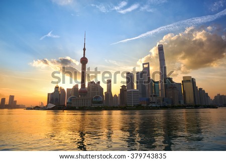 Skyline of Shanghai Pudong at sunrise, China