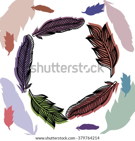 Feathers frame with colorfull print. Vector drawing