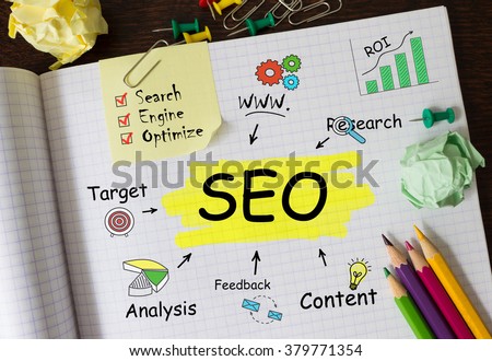 Notebook with Tolls and Notes about SEO,concept Royalty-Free Stock Photo #379771354