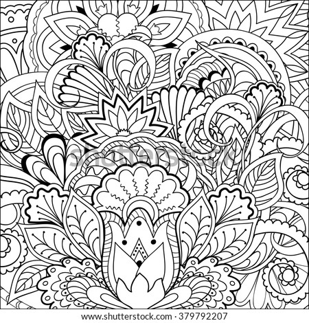 Hand drawn decorated image with flowers and mandalas in zen style. Henna Paisley flowers Mehndi. Image for adults coloring book. Vector illustration - eps 10.