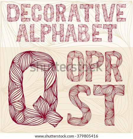 Hand drawing Decorative ornate alphabet. q-t typography collection. abc