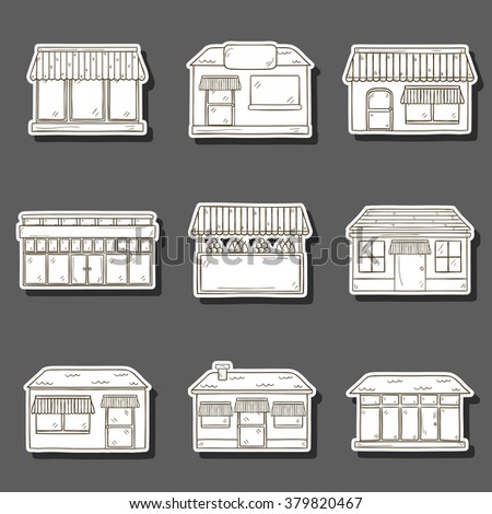 Set of hand drawn cartoon store objects. Shop building or supermarket concept. Front store facade stickers. Architecture street design: store, cafe, restaurant, bakery, commercial center, boutique