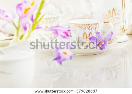 Cup of tea or coffee and crocus (saffron) flowers. Gentle spring morning.